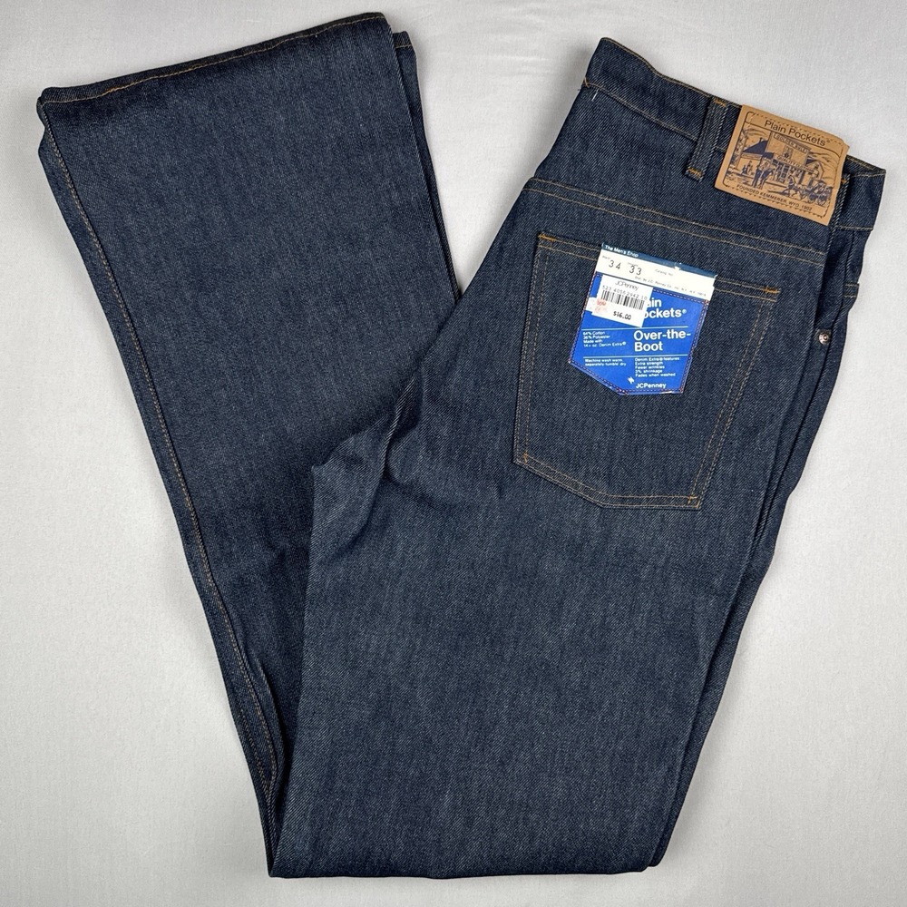 Vintage 70s JCPenney Plain Pockets Raw Indigo Denim Over the Boot Jeans 33x34